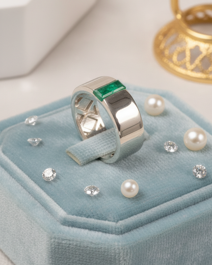 Wide Band Flush-Set Emerald Ring