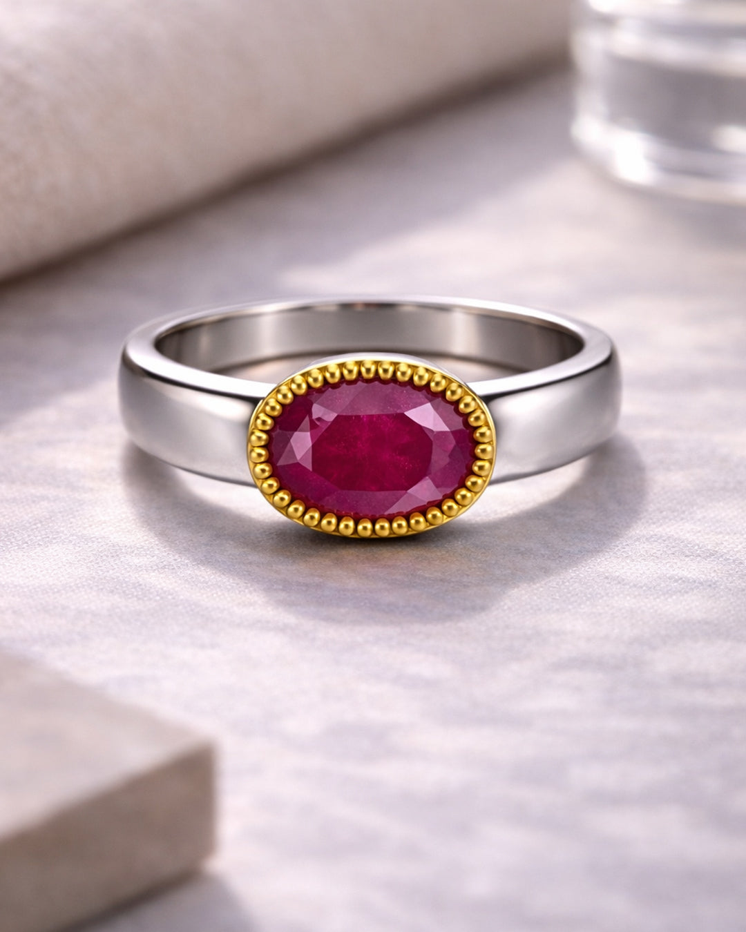 Ruby Ring with Gold Beaded Bezel
