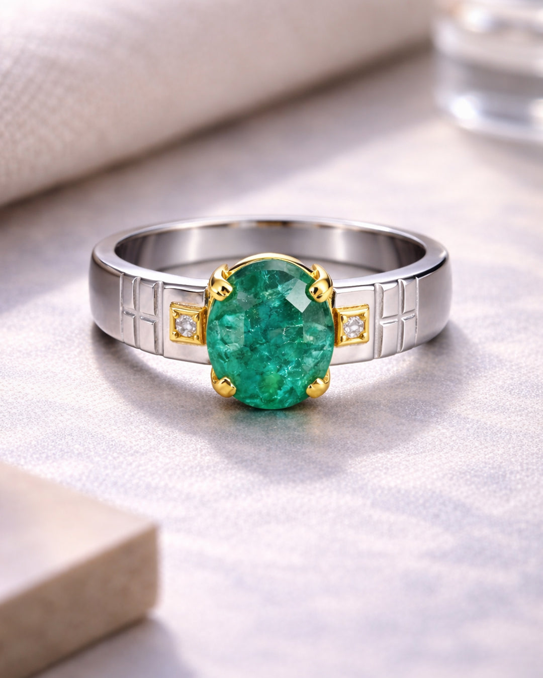 Prong-Set Emerald Ring with Diamond Accents