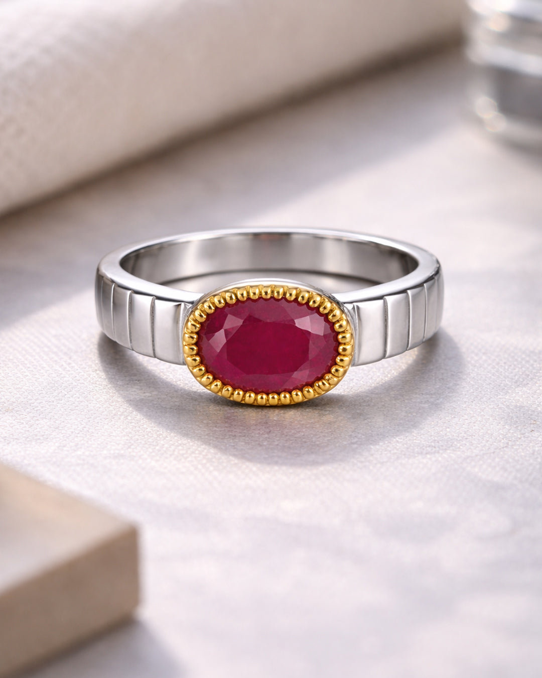 Ruby Ring Gold Beaded Bezel, Polished Silver Band
