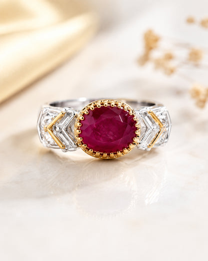 Ruby Ring with Baguette Diamond Wings