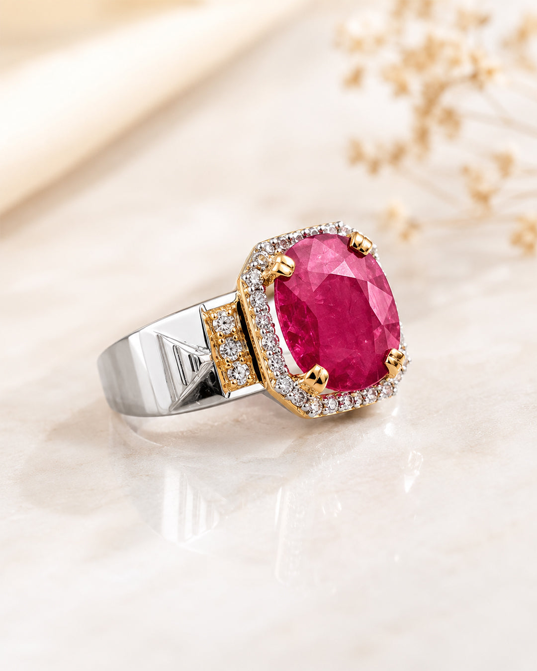 Statement Ruby Ring with Diamond Halo