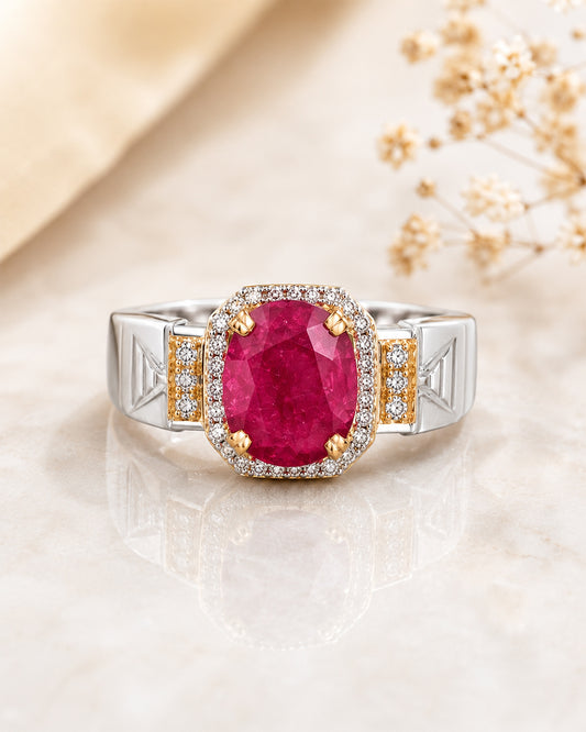 Statement Ruby Ring with Diamond Halo