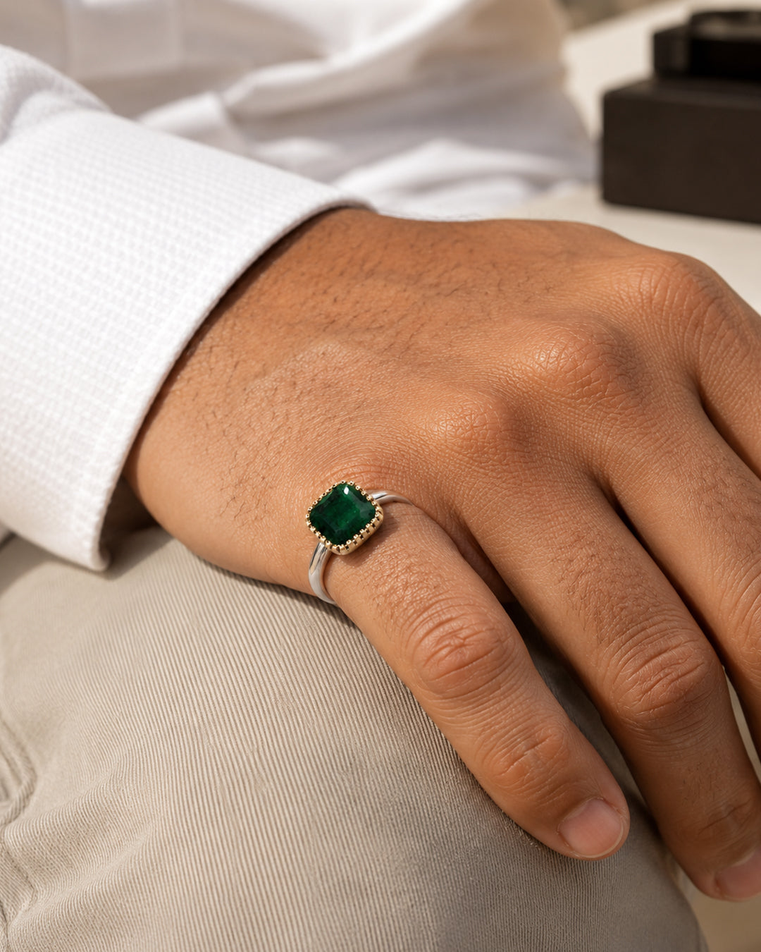 Cushion Emerald Ring with Gold Milgrain Bezel