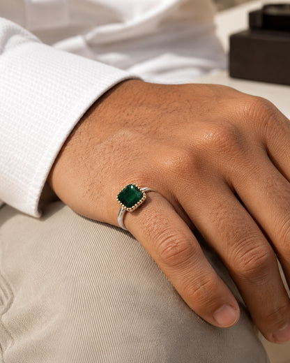 Cushion Emerald Ring with Gold Milgrain Bezel