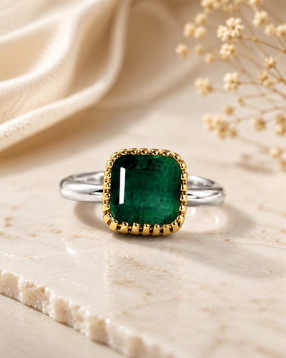 Cushion Emerald Ring with Gold Milgrain Bezel