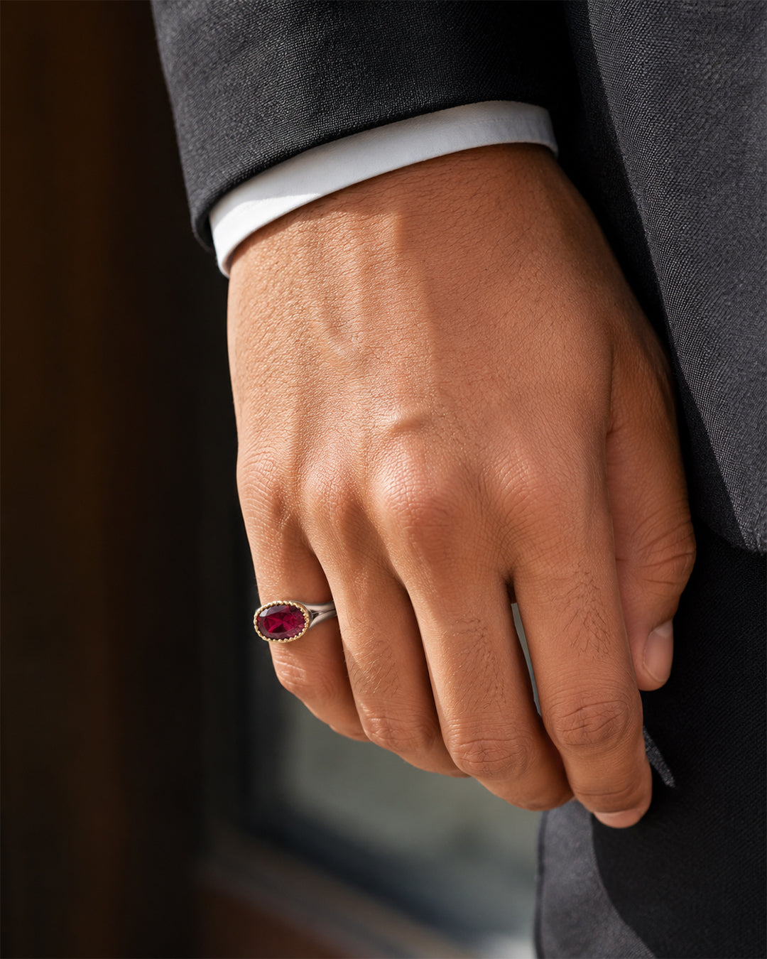 Oval Ruby Ring with Gold Milgrain Bezel