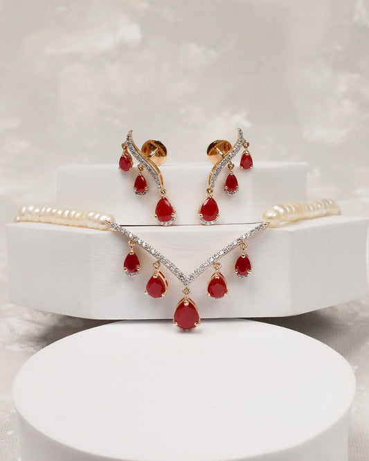 Rose Gold Ruby Drop V-Necklace & Earring Set