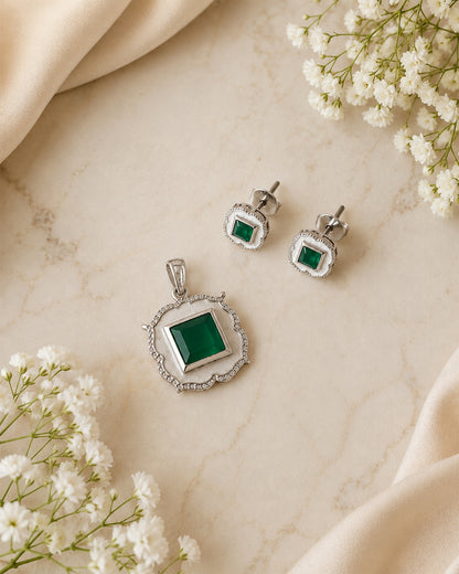 Emerald Green Square Vintage Frame Pendant & Stud Set
