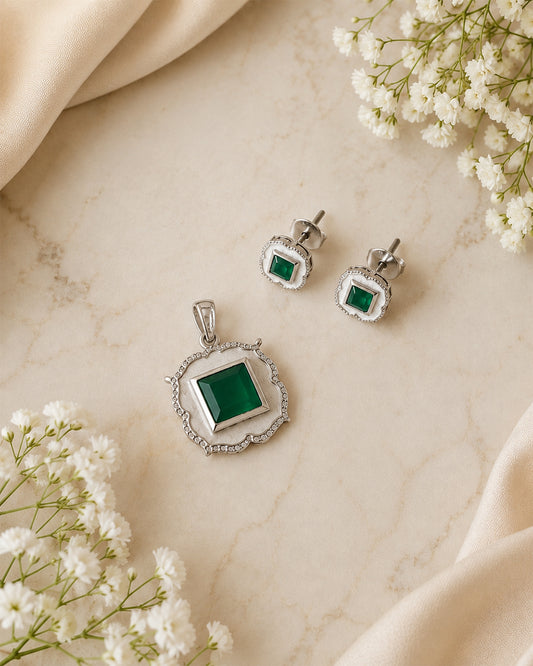 Emerald Green Square Vintage Frame Pendant & Stud Set