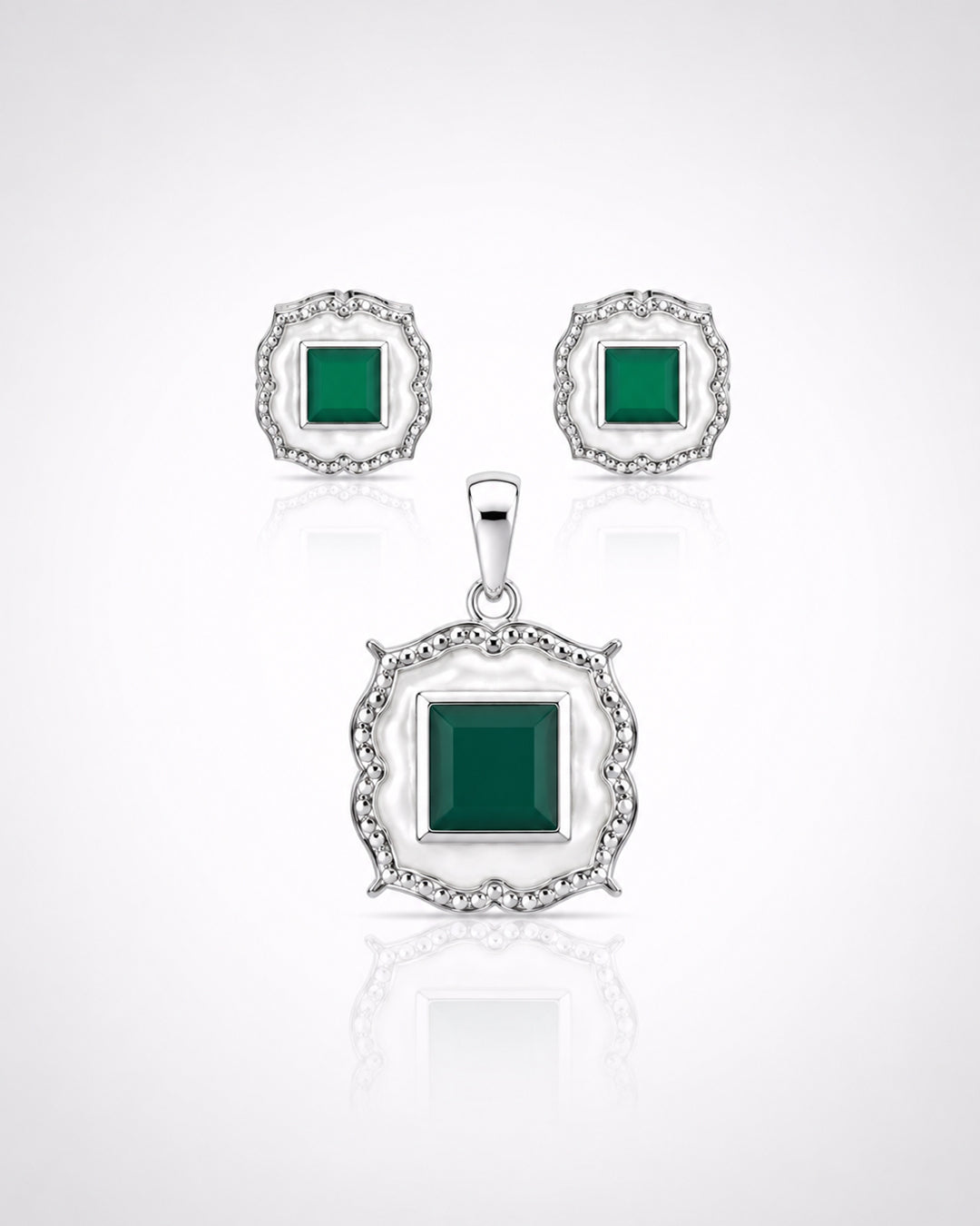 Emerald Green Square Vintage Frame Pendant & Stud Set