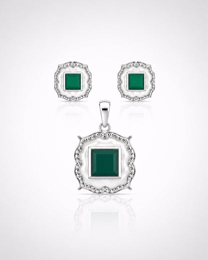 Emerald Green Square Vintage Frame Pendant & Stud Set