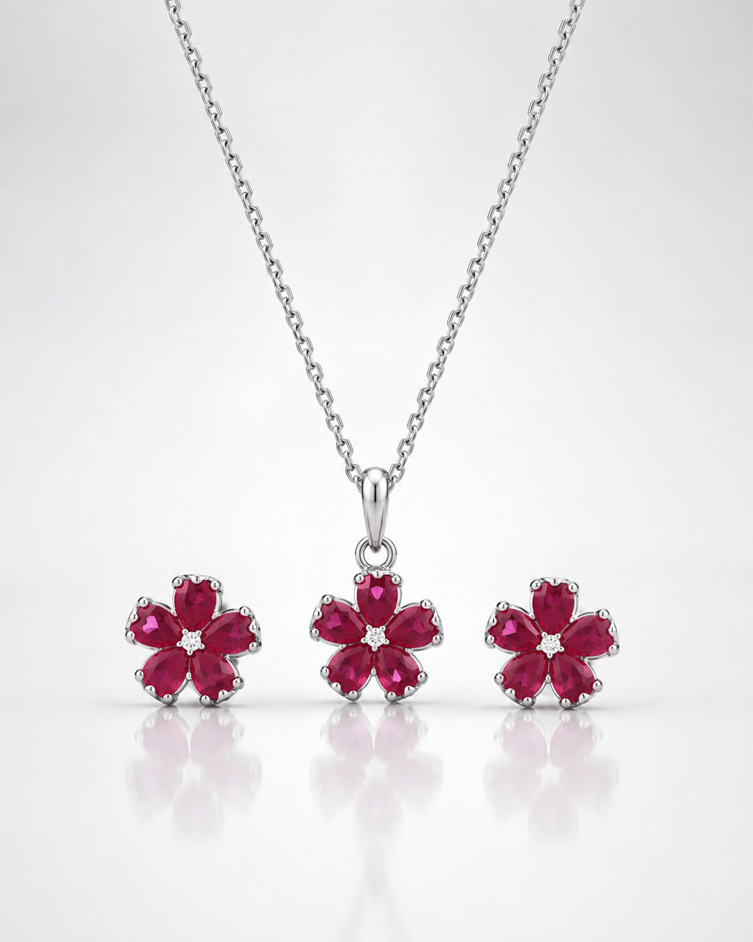 Ruby Flower Cluster Pendant & Stud Set