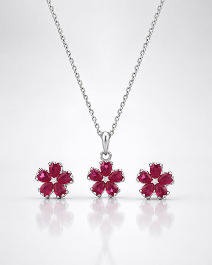 Ruby Flower Cluster Pendant & Stud Set