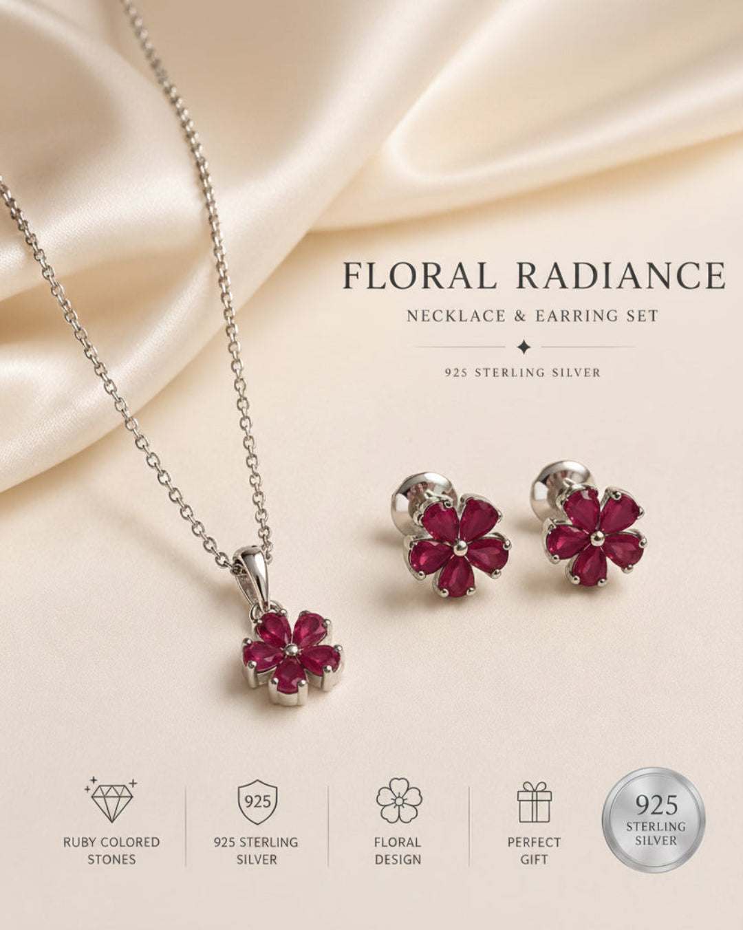 Ruby Flower Cluster Pendant & Stud Set