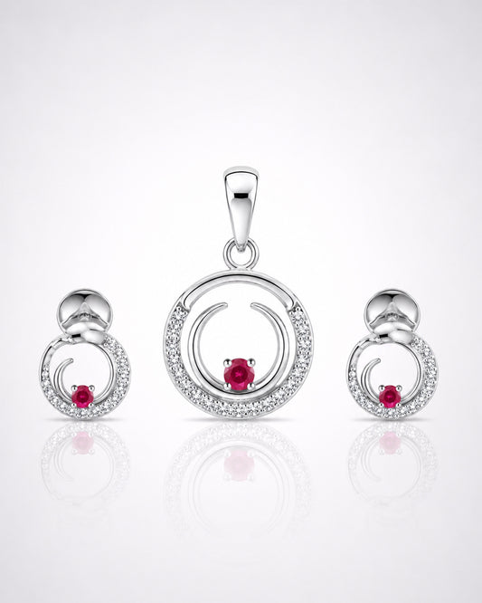 Ruby Solitaire Orbit CZ Circle Pendant & Stud Set