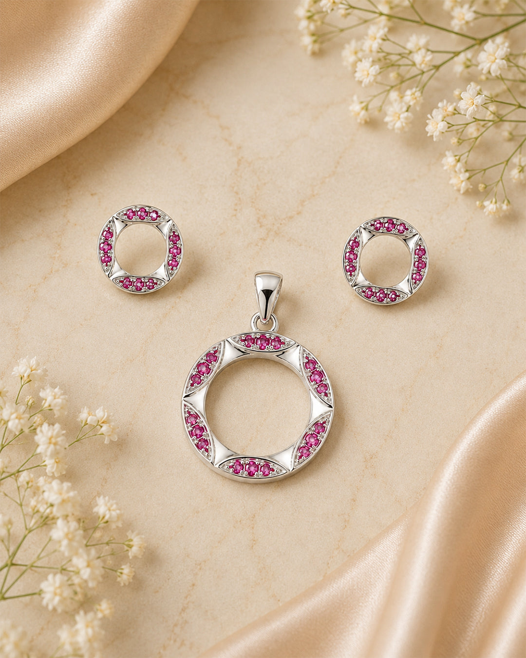 Fuchsia Ruby Circle Pendant & Stud Set