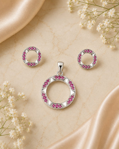 Fuchsia Ruby Circle Pendant & Stud Set