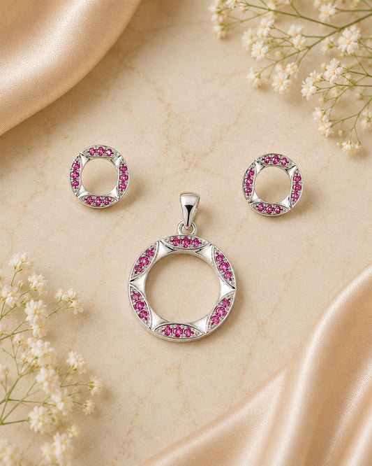 Fuchsia Ruby Circle Pendant & Stud Set