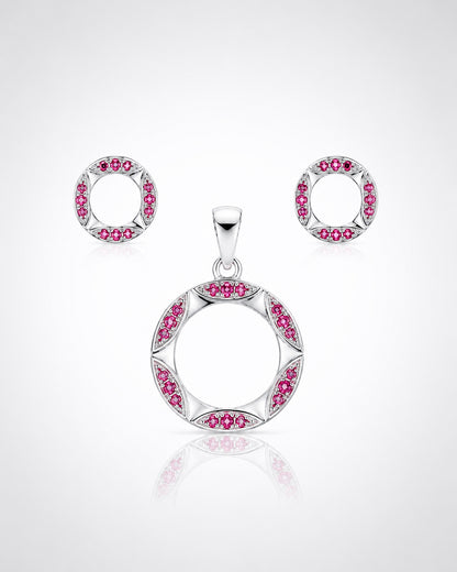 Fuchsia Ruby Circle Pendant & Stud Set