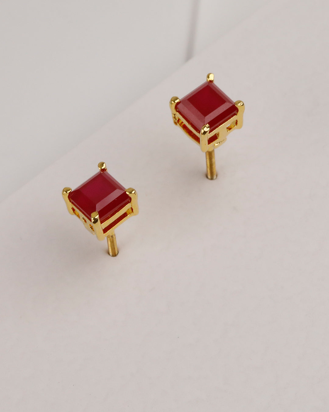Ruby Red Square Solitaire Gold Pendant & Stud Set