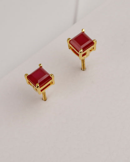 Ruby Red Square Solitaire Gold Pendant & Stud Set
