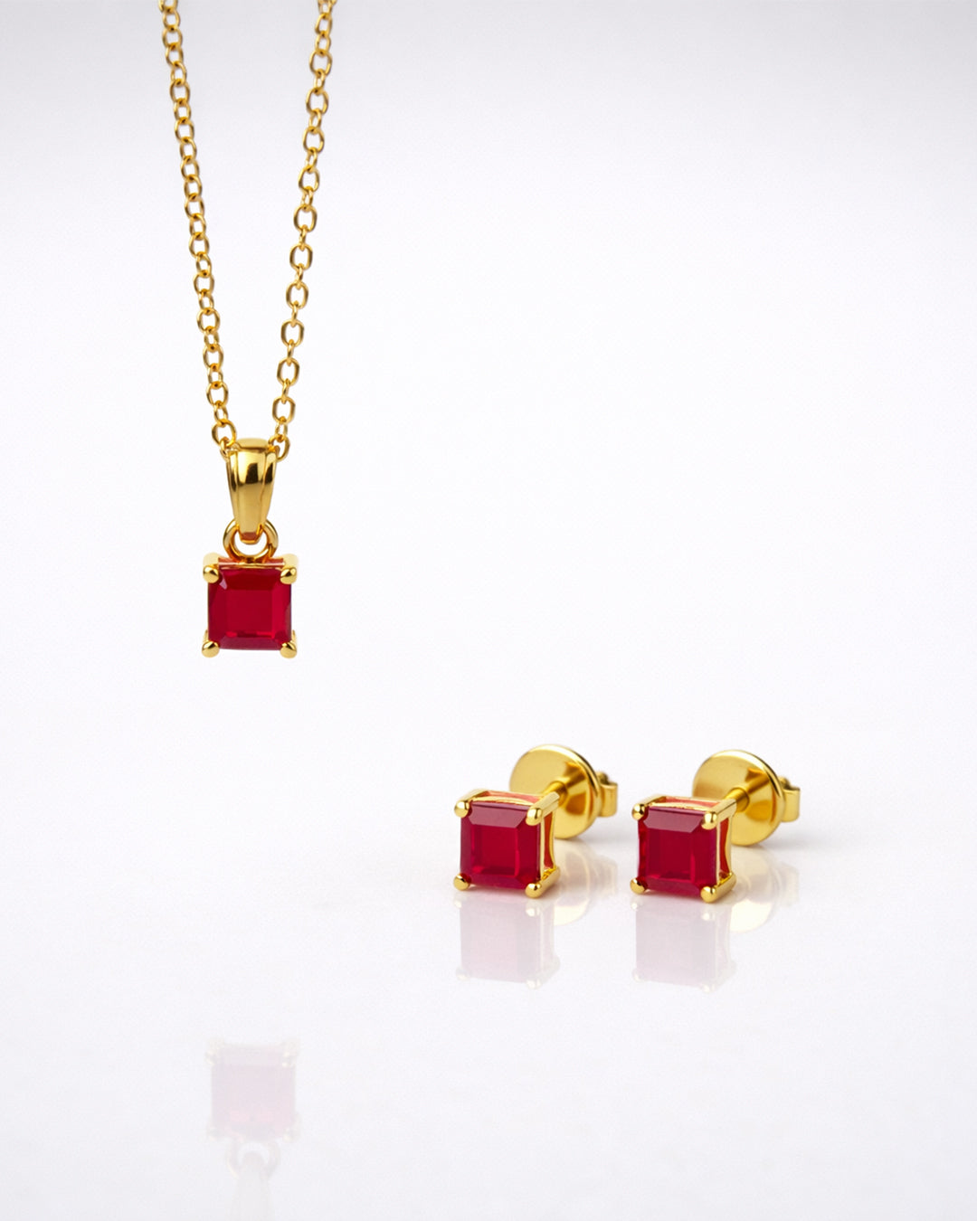 Ruby Red Square Solitaire Gold Pendant & Stud Set