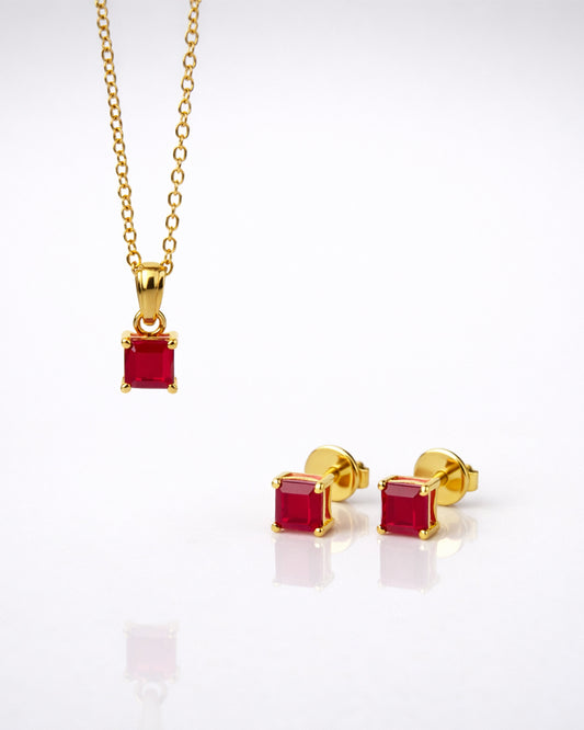 Ruby Red Square Solitaire Gold Pendant & Stud Set