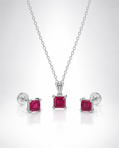 Ruby Red Square Solitaire Gold Pendant & Stud Set