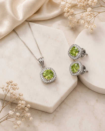 Peridot Green Cushion Halo Silver Pendant & Stud Set