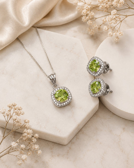 Peridot Green Cushion Halo Silver Pendant & Stud Set