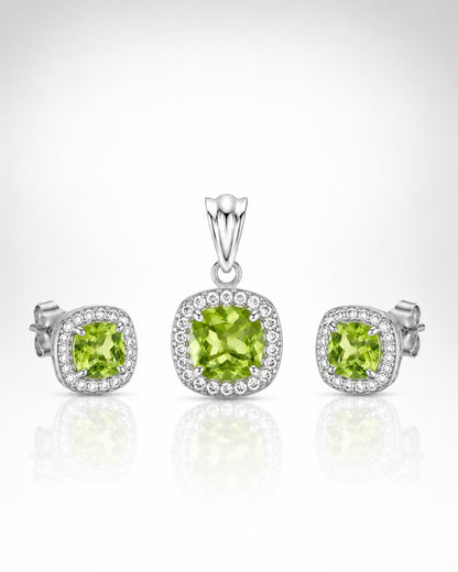 Peridot Green Cushion Halo Silver Pendant & Stud Set