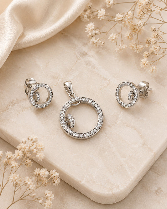 Double Circle CZ Eternity Pendant & Stud Set