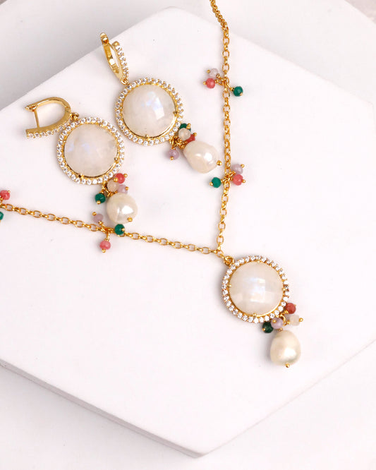 Moonstone Pearl & Bead Gold Necklace & Earring Set