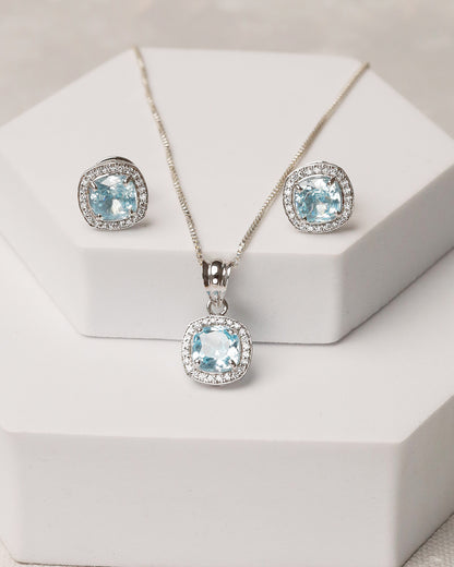 Aqua Blue Topaz Cushion Halo Pendant & Stud Set