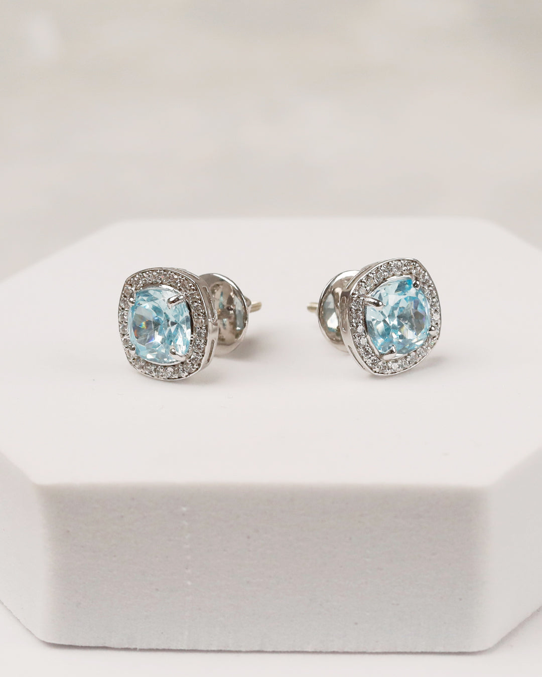 Aqua Blue Topaz Cushion Halo Pendant & Stud Set
