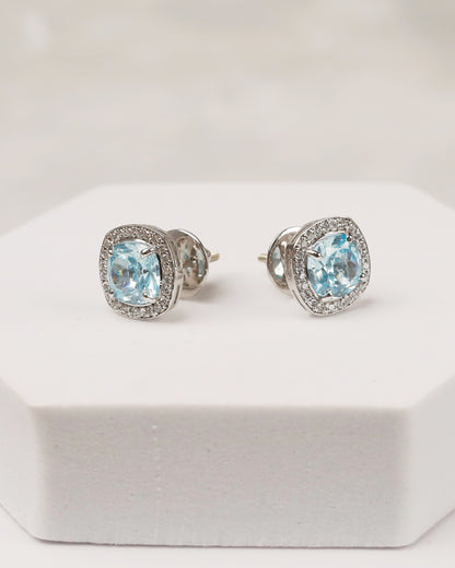 Aqua Blue Topaz Cushion Halo Pendant & Stud Set