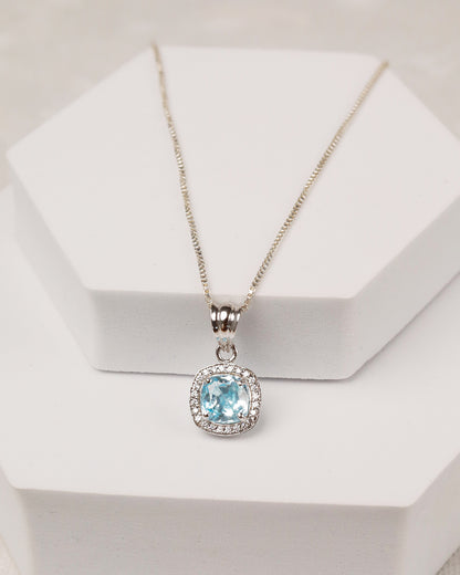 Aqua Blue Topaz Cushion Halo Pendant & Stud Set