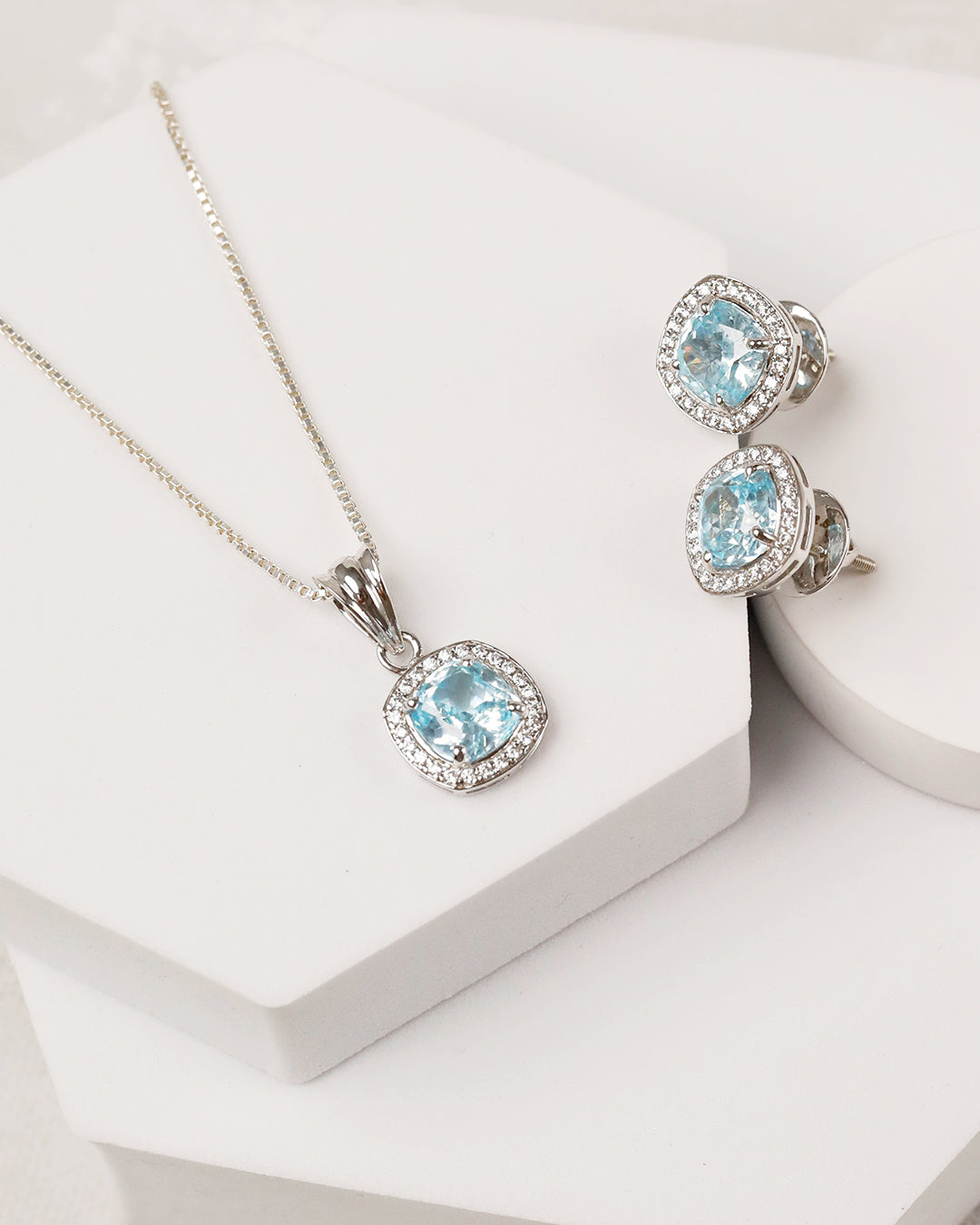 Aqua Blue Topaz Cushion Halo Pendant & Stud Set