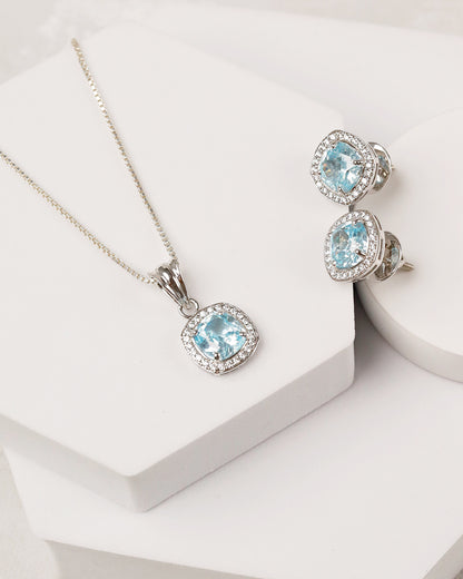 Aqua Blue Topaz Cushion Halo Pendant & Stud Set