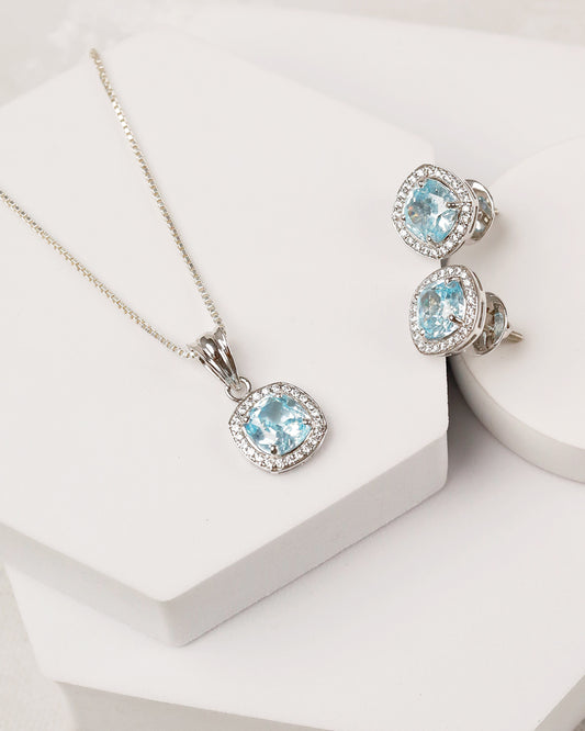 Aqua Blue Topaz Cushion Halo Pendant & Stud Set