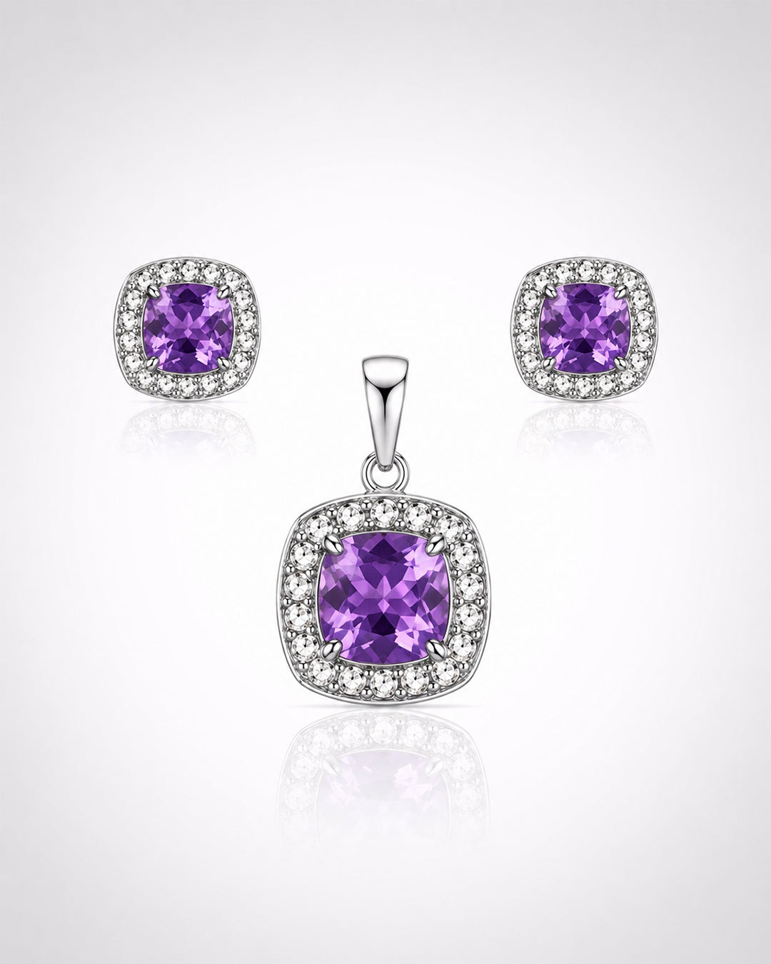 Amethyst Purple Cushion Halo Silver Set