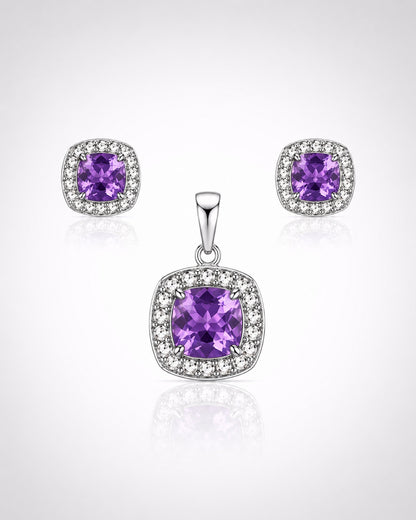 Amethyst Purple Cushion Halo Silver Set