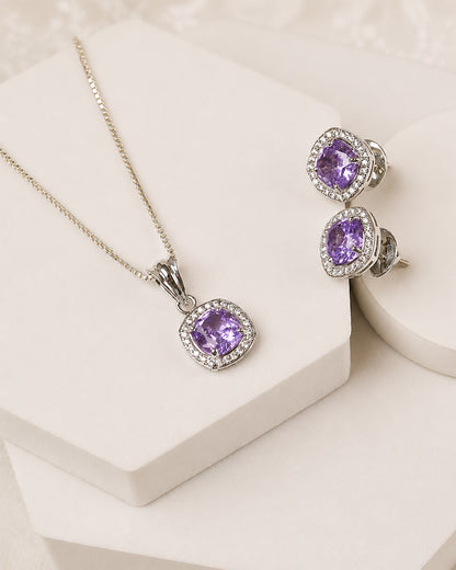 Amethyst Purple Cushion Halo Silver Set