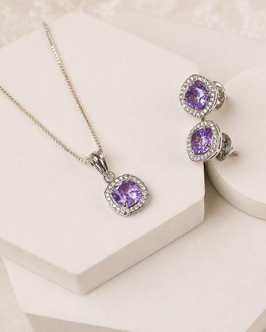 Amethyst Purple Cushion Halo Silver Set