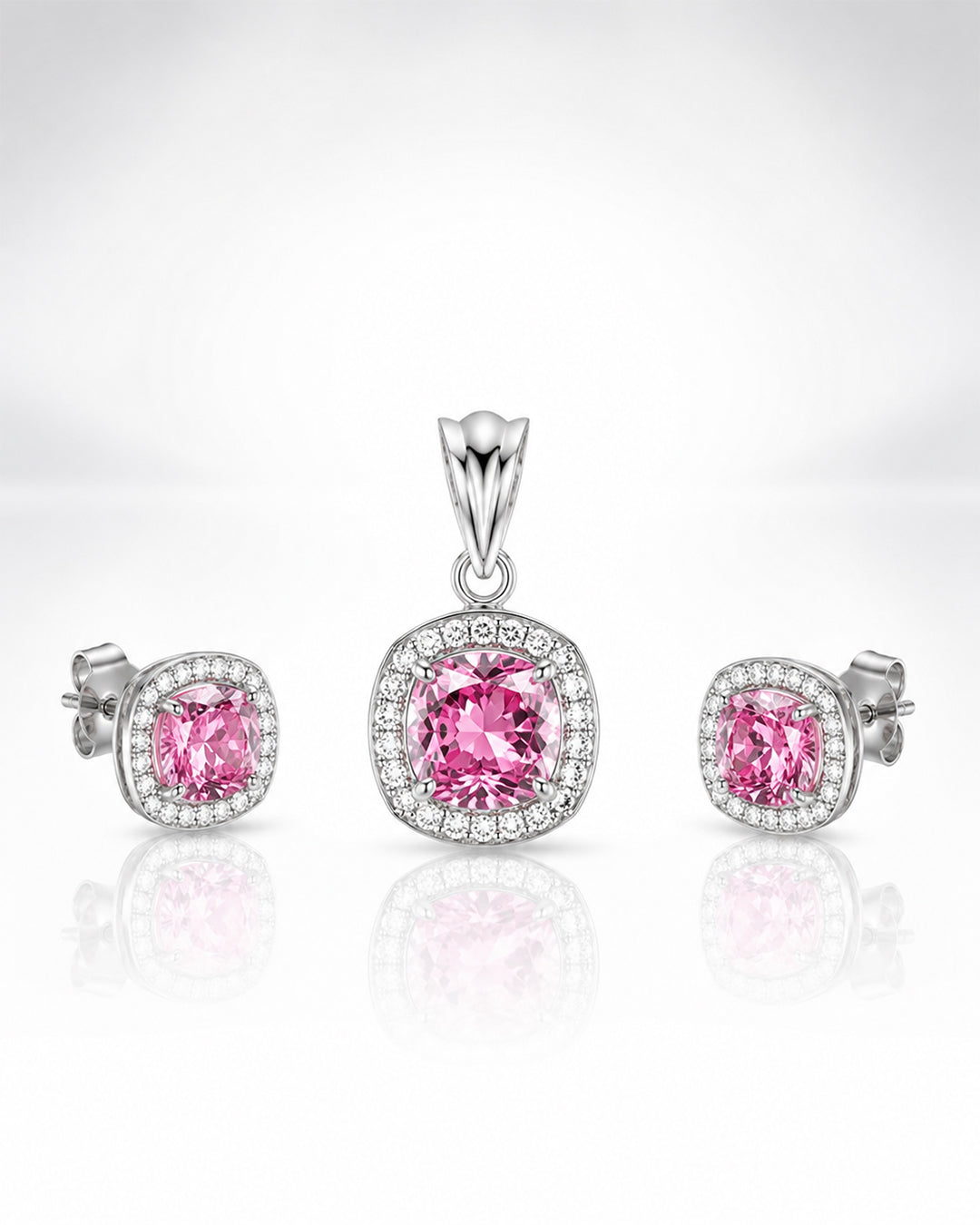 Pink Sapphire Cushion Halo Silver Pendant & Stud Set