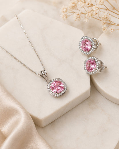 Pink Sapphire Cushion Halo Silver Pendant & Stud Set