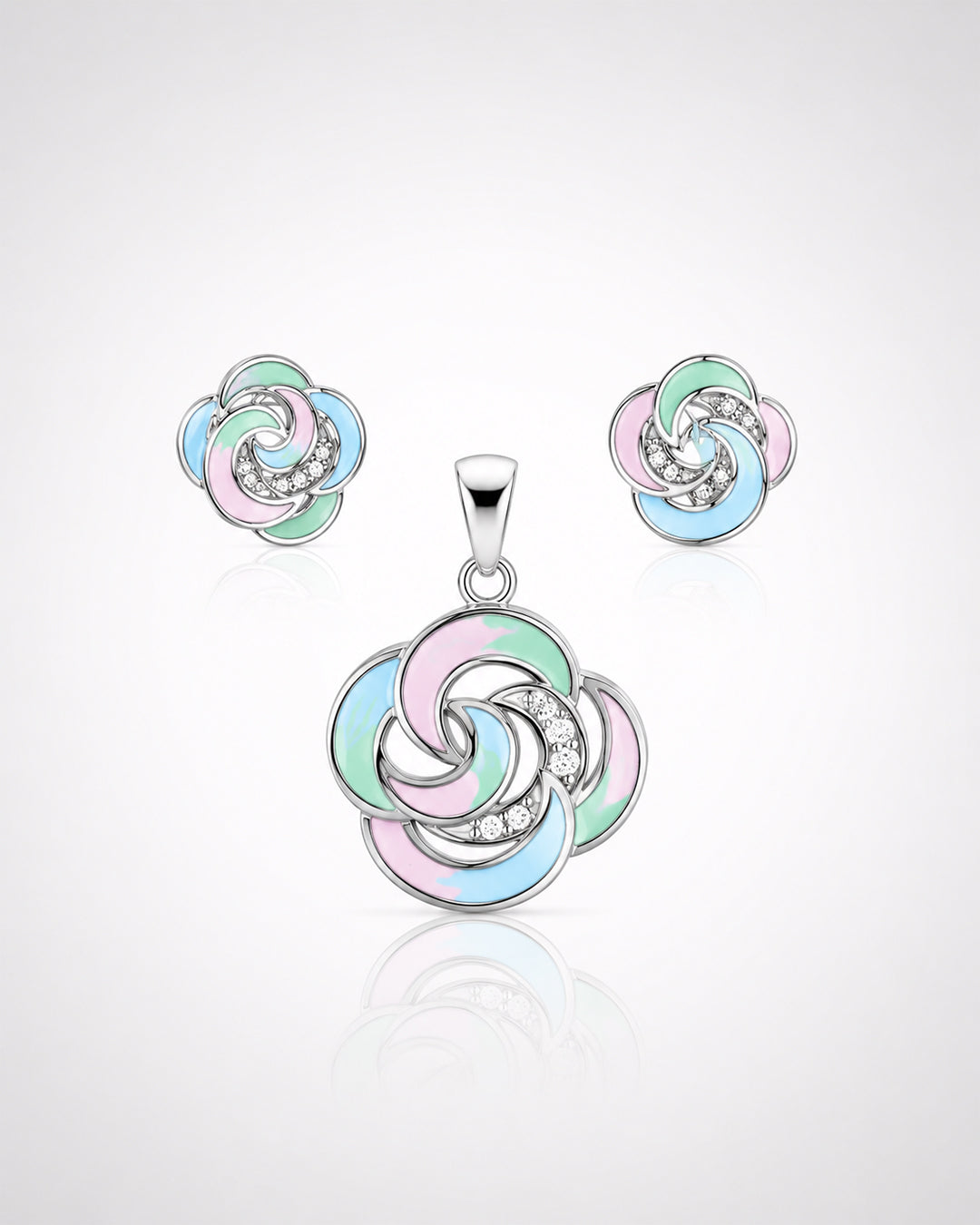 Pastel Enamel Swirl Floral Pendant & Stud Set