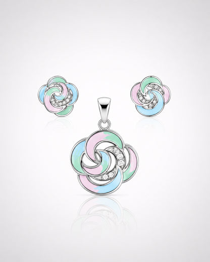 Pastel Enamel Swirl Floral Pendant & Stud Set