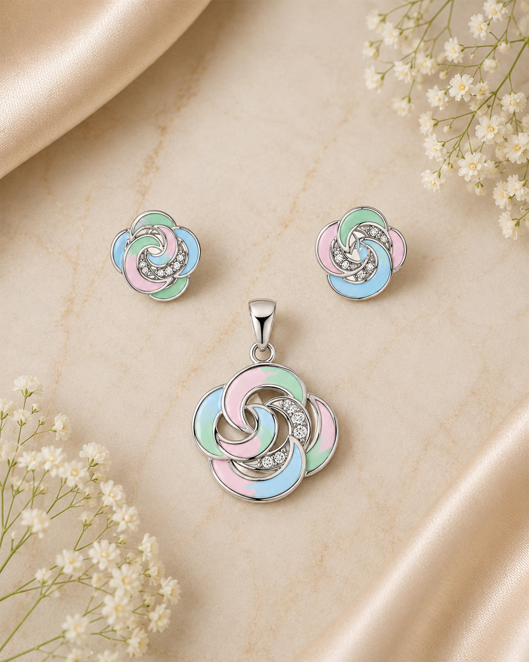 Pastel Enamel Swirl Floral Pendant & Stud Set